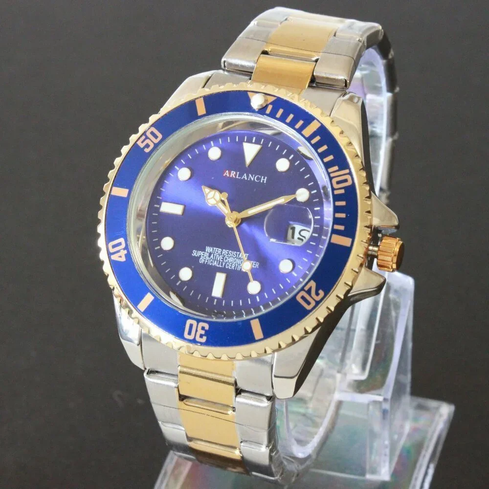 Men's Diver Style Watch Blue Bezel Silver Gold Tone 40mm